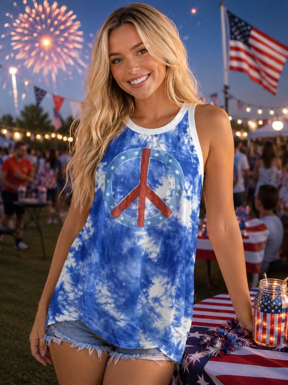 Modern Lux Women's Large Peace Sign Patriotic Tie Dye Sleeveless Tank Top